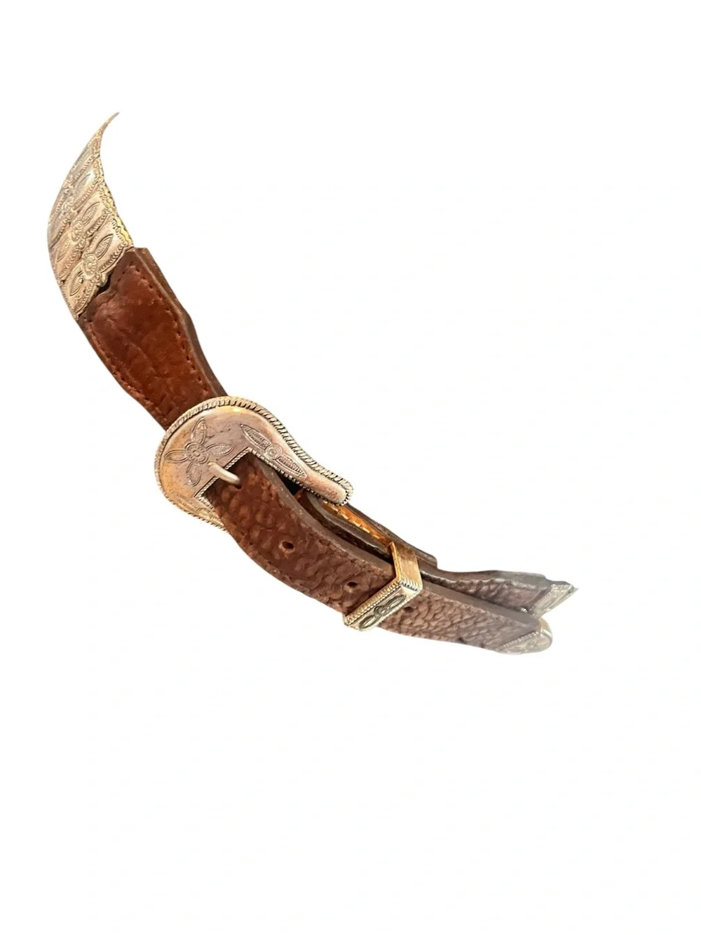 Vintage Full Grain Leather Tooled Conch Silver Toned Belt 32” Western Boho